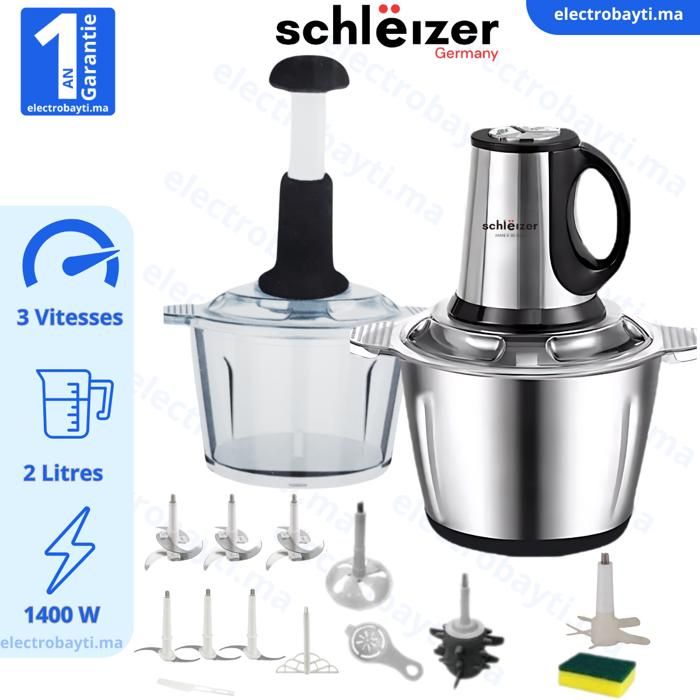 Hachoir électrique professionnel - Fonction Manuel - 1400Watts - 2bols Inox et verre