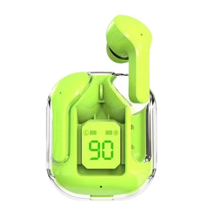 Vert-Crystal Pods-Écouteurs sans fil étanches à LED, étui numérique, antibruit, Bluetooth, casque de sport, c