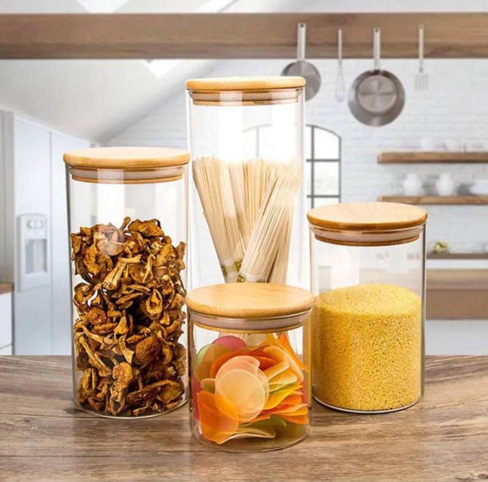 DISTRIBUTEUR D’ÉPICES Ensemble 4 PIÈCES Boîtes en Verre  avec Couverture en bois Pour Grains De Café, Sucre, Herbes Et Épices