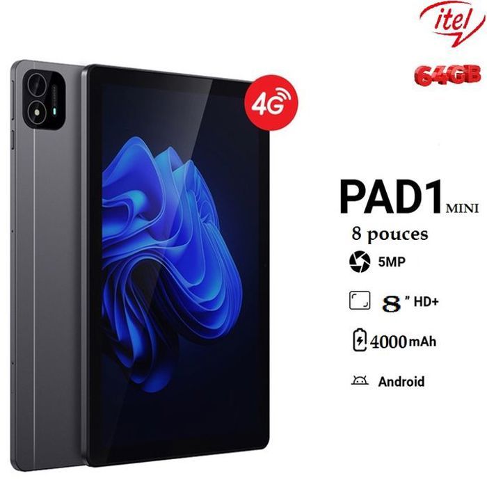 Itel tablette Pad1mini 4G 8"pouces-64GB 2GB RAM 4000mAh, Android 5MP Pochette+ Screen-Gray
