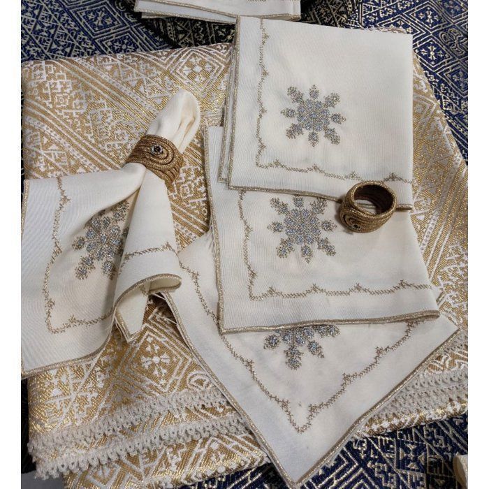 Ensemble Nappe de table - Skeli - Khrib - 12 serviettes brodées - Beige - Lavable - 1,50m x 1,50m