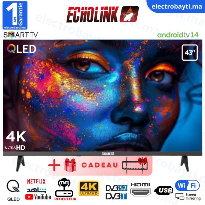 Echolink - 43 Pouces - 4K UHD - SMART TV Android 14 - Wi-Fi, Bluetooth, DVB-T2/S2 + Support