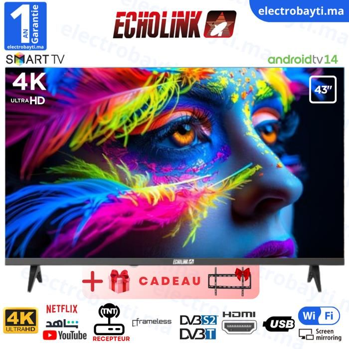 Echolink - 43 Pouces - QLED 4K UHD - SMART TV Android 14 - Wi-Fi, Bluetooth, DVB-T2/S2 + Support