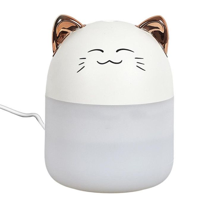 Diffuseur de Parfum LED - Chat - 200ml - Blanc - Design Tête de Chat - USB Rechargeable