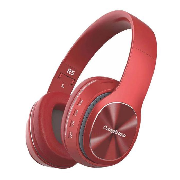 Deep Bass R5 Casque pliables Sans Fil Bluetooth Hifi Stéréo, Mains Libres et Aux, suppression du bruit Roug