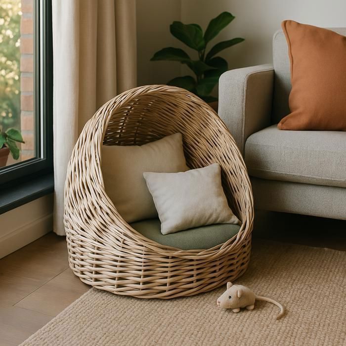 Maison pour chat - Maison pour chat en osier naturel - 34 cm x 39 cm - Fait main - Confortable - Durable