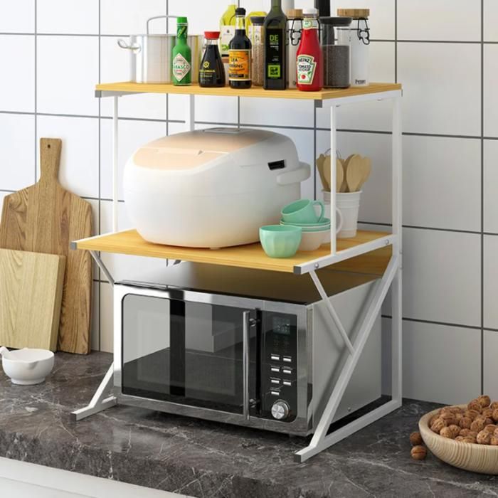 Support de Cuisine Multifonction – 2 Étagère Réglable en Bois et Métal pour Micro-ondes et Accessoires.