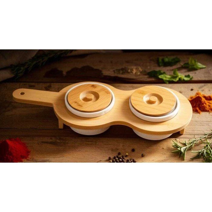 Présentoir avec 2 boîtes en porcelaine et bambou alimentaire pour petit déjeuner et apéritif