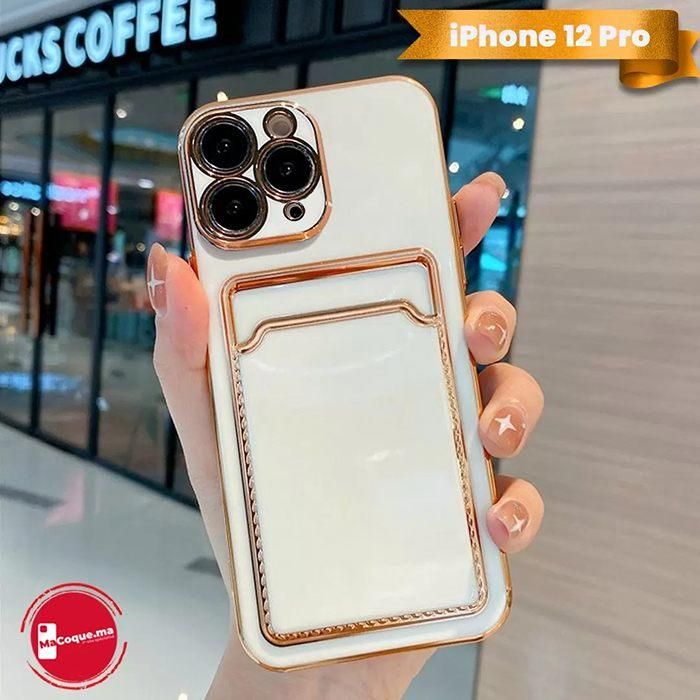 Coque iPhone 12 Pro GOLD Brillant avec Protection de Camera Et Porte Carte en TPU Couleur Blanc