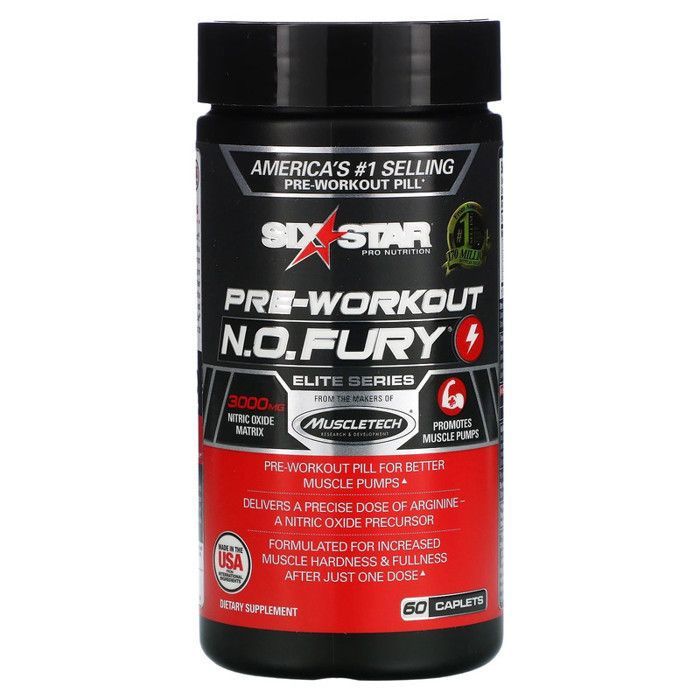 Six Star Elite Series, Pre-Workout N.O. FURY, 60 Caplets - Made in Usa
