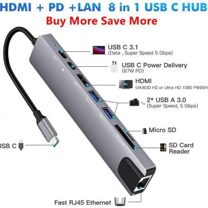 Hub USB-C 8 en 1 - Non spécifié - HDMI 4K - USB 3.0 - RJ45 - Charge PD