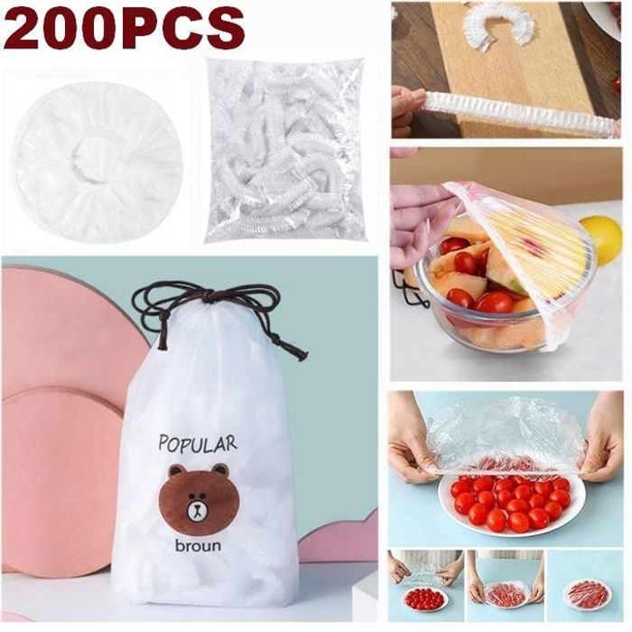 200 Pièces de Sacs de Conservation Frais Réutilisables, Housses Élastiques Transparentes pour Aliments, Bonnets de Bain
