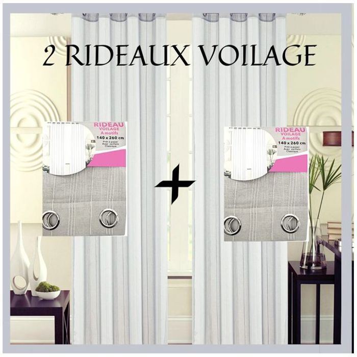 Rideaux Voilage Motifs Rayés Gris Raffiné - 2 Panneaux - 140x260cm