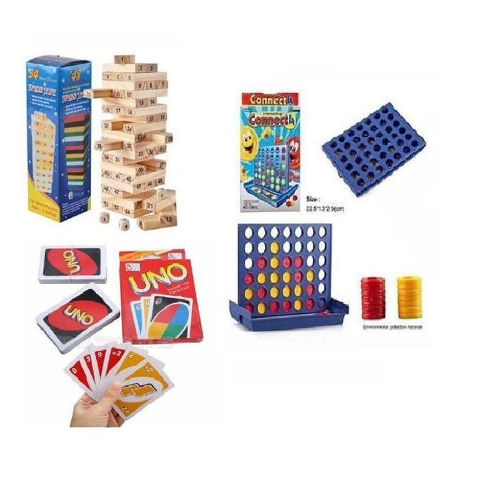 Pack 3 jeux de société : jenga, bingo puissance 4, cartes uno