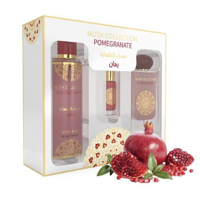 Coffret cadeau 3 en 1 Gulf Orchid Musk Collection Grenade - Brume corporelle (250 ml)Eau de Parfum (6oml) . Huile de parfum (12 ml)