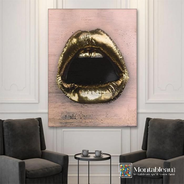 Impression décorative - Lèvres Baiser - Toile rose et or - 100cm x 65cm - Décoration murale élégante