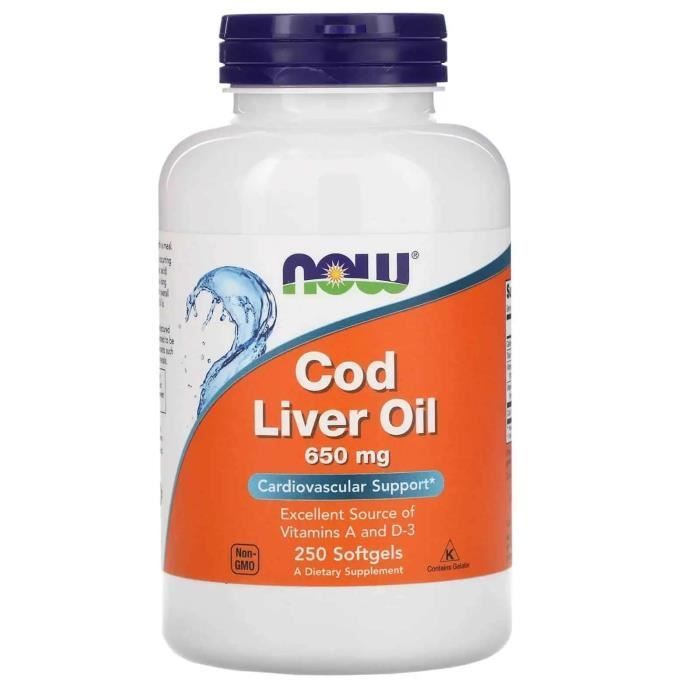 NOW FOODS Cod Liver Oil 650mg (Huile de foie de morue, Soutien cardiovasculaire) 250 Softgels