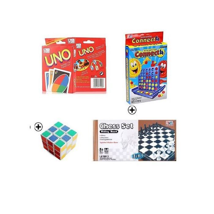 Pack 4 jeux de famille : uno, puissance 4, echecs et cube magique
