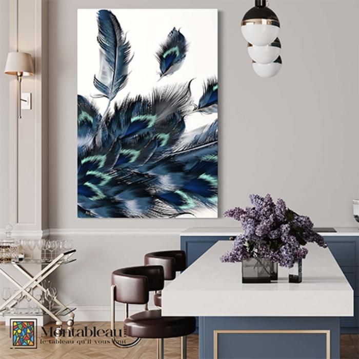 Tableau décoratif - Plume bleue - 100cm x 65cm - Toile imprimée - Abstrait - Élégance chic