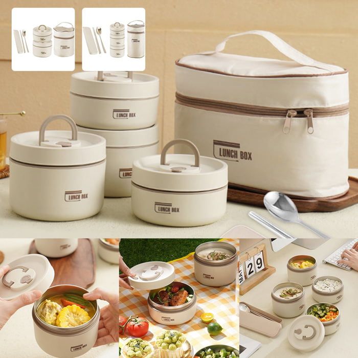 4 boîtes à lunch isolées pour voyage, 4Pcs Lunch Box Thermique, Boîte à Déjeuner étanche en Acier Inoxydable