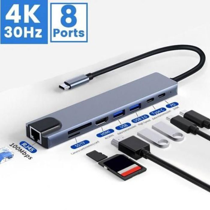 Hub USB-C 8 en 1 - Adaptateur Type C - 4K HDMI - USB 3.0 - PD 87W - Macbook, PC
