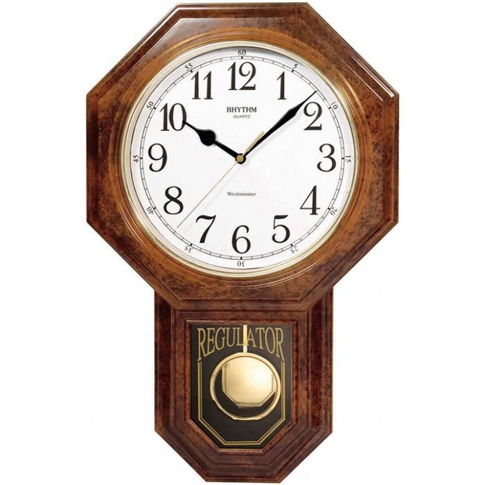Horloge murale hexagonale - Non spécifié - Façon noyer - Cadran blanc - Chiffres arabes - Sonnerie