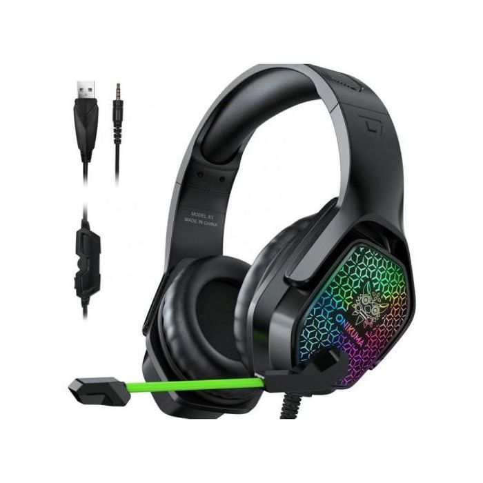 Casque de Gamer Onikuma - Compatible PS4, Xbox One, PC (Son Stéréo 360°, Microphone Rétractable, Lumières LED)