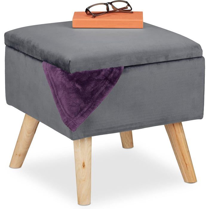 Tabouret de Rangement, matelassé, carré, Pieds en Bois 40 cm / gris