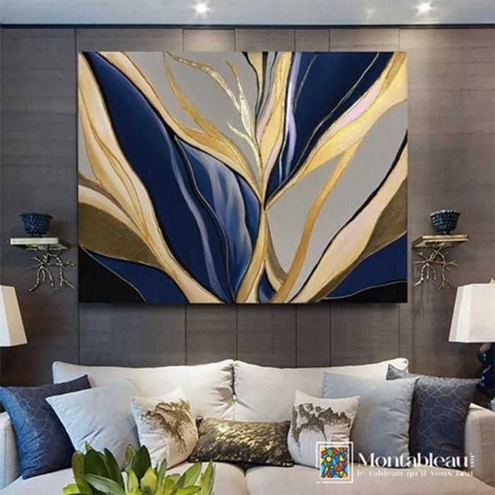 Tableau décoratif - Abstrait bleu et doré - 120x80 cm - Impression sur toile - Cadre doré