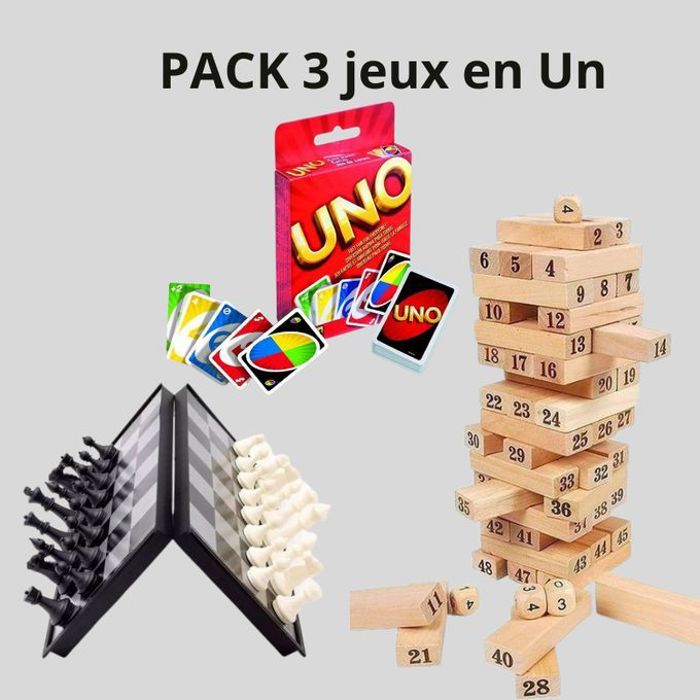 Ensemble de jouets 3 en 1 -jenga, uno, echec magnétique