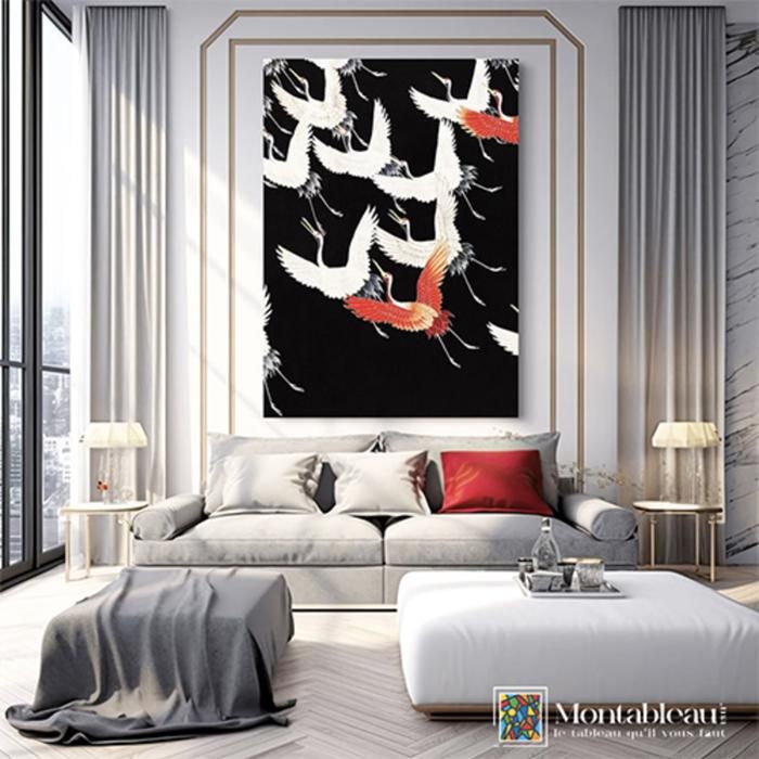 Tableau décoratif - Oiseaux rouges et blancs - 100x65 cm - Impression sur bâche premium - Sans cadre