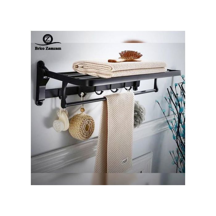 Porte-Serviettes de Salle de Bain, Double Porte-Serviettes Mural - en Aluminium, Noir, 60