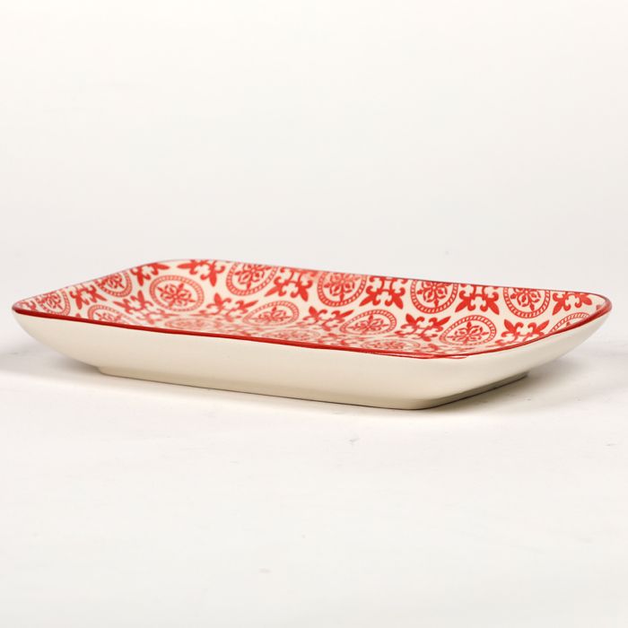 Plat rectangulaire 26x15 cm rouge avec motif decoratif