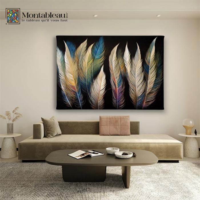 Tableau décoratif - Plumes colorés sur fond noir - 120cm x 80cm - Abstrait - Élégance Chic