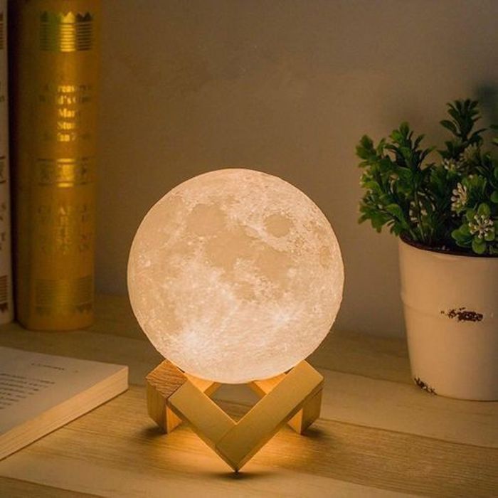 Lampe - Clair de lune - 15 cm - Support en bois - Rechargeable USB - LED multicolore