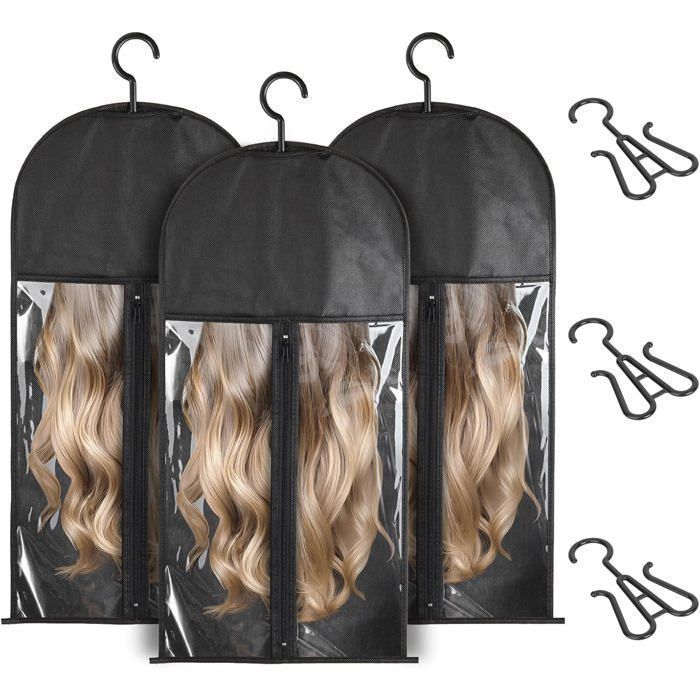 Set 3 Pièces Sac de Rangement Organisation avec Crochet, Protecteur pour Extensions de Cheveu Perruques - Noir