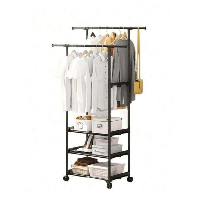 SUPPORT PORTE-VÊTEMENTS À DOUBLE PÔLE AVEC PORTE-CHAUSSURES ET RANGEMENT TRIPLE COUCHE