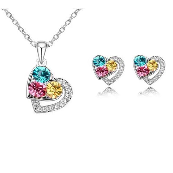 Parure de bijoux , collier et boucles d'oreilles tricolore.