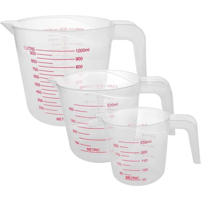 3 tasses à mesurer en plastique transparent avec poignée souple en caoutchouc