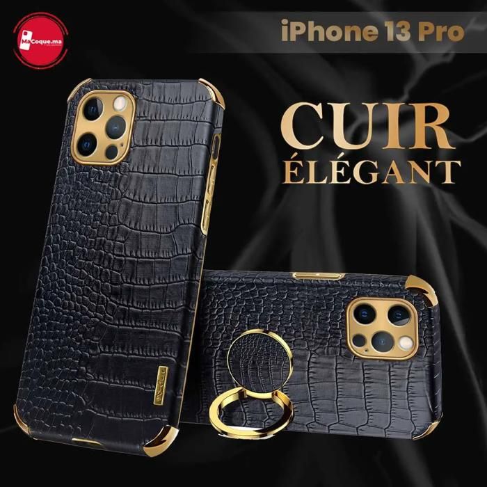 Pochette iPhone 13 Pro Simili Cuir Motif Crocodile Coque Antichoc Pochette Protection Caméra Noir 13PRO