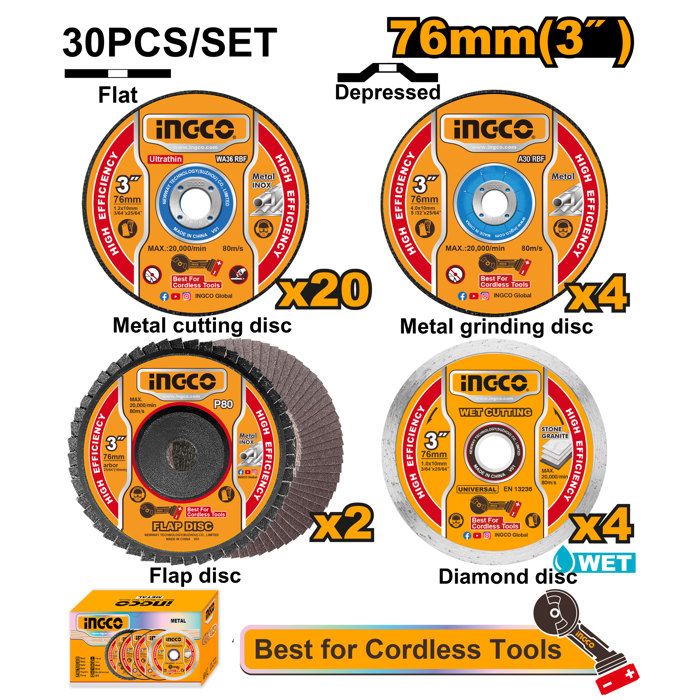 INGCO - Jeu 30pcs Disques de coupe et meulage pour CAGLI76012