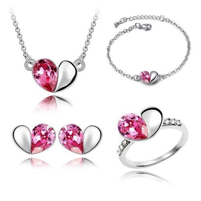 Parure de bijoux - Bracelet, Bague, Collier, Boucles d'oreilles - Métal rhodié - Oxyde de zirconium - Argenté