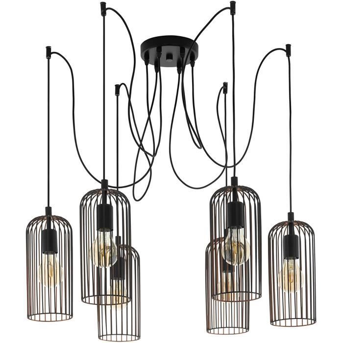 Eglo Roccamena Lampe suspension vintage à 6 ampoules en acier, couleur : noir, cuivre, culot : E27 - 49643