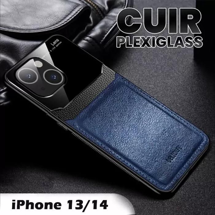 Coque iPhone 13/14 Normal en Cuir Bleu &amp; Plexiglass Pochette Antichoc