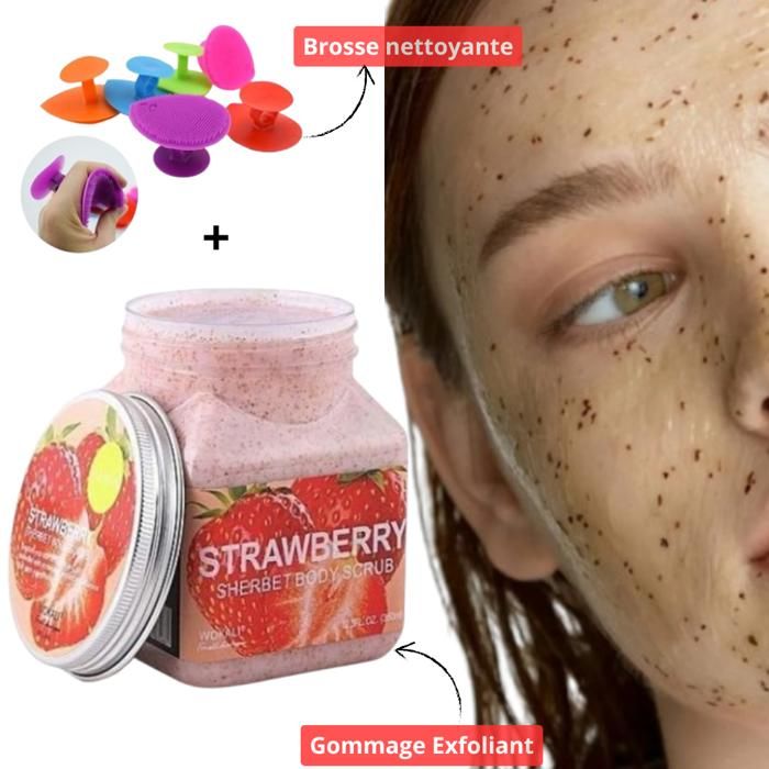 Gommage Exfoliant Strawberry + Brosse nettoyante en silicone multi forme et multicolore