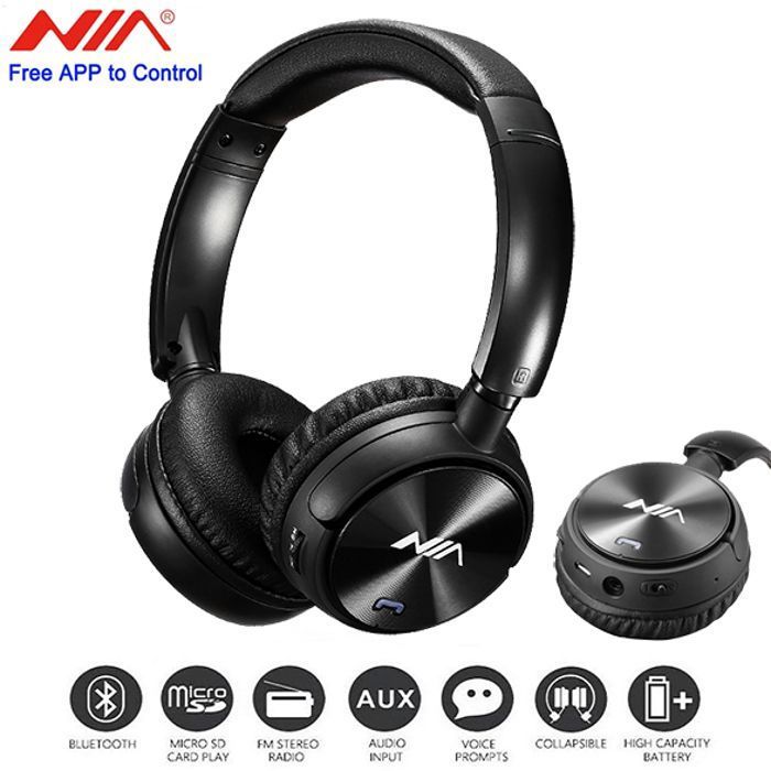 écouteurs NIA Q2 casque d'écoute pliable sans fil Bluetooth 4.2 carte TF lecteur MP3 Radio FM avec micro, contrôle par application
