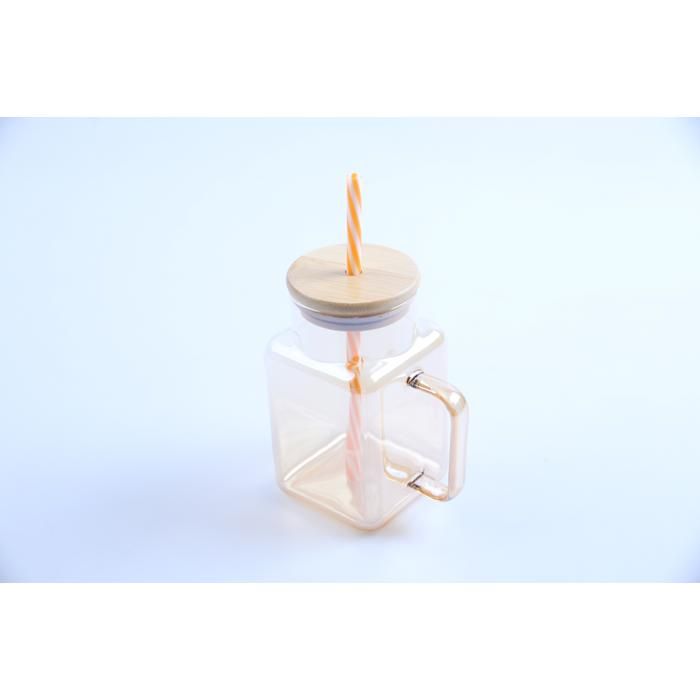 Mug carré en verre avec couvercle et paille 600 ml HB3523