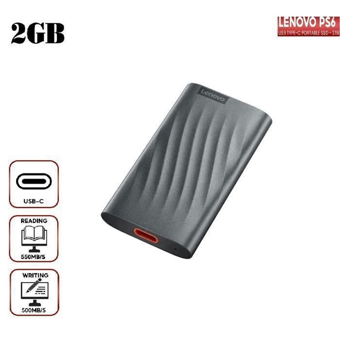 lenovo Disque Dur externe 2TB/To SSD 2000GB vitesse 550Mo/s en lecture USB 3.2gen2