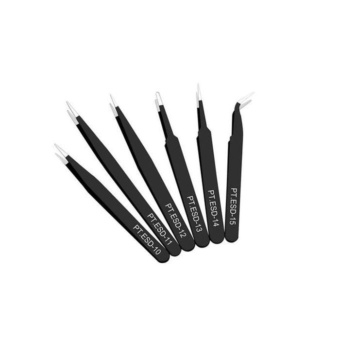 Pincettes Antistatiques en Acier Inoxydable 6 Pièces pour Maintenance de Précision - Noir