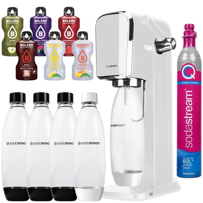 Kolsyrat vattenmaskin - SODASTREAM - Vit konst - 4 flaskor 1L - 6 st Bolero utan socker